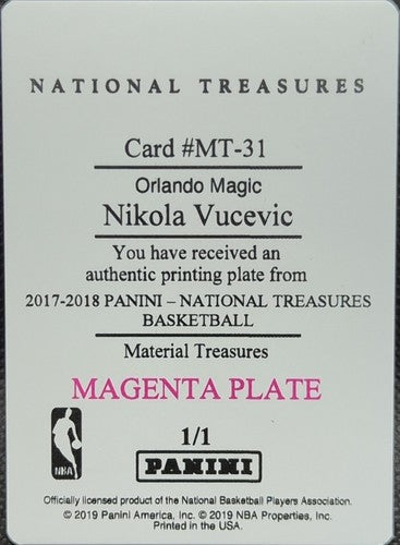 NIKOLA VUCEVIC 2017-18 Panini National Treasures PRINTING PLATE 1/1 Magic One of