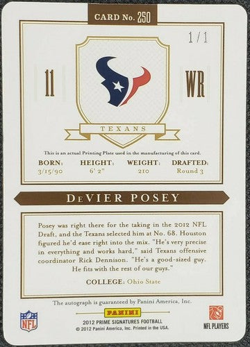 DeVIER POSEY 2012 Panini Prime Signatures RC AUTO PRINTING PLATE SP #1/1 Texans