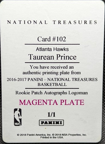 TAUREAN PRINCE 2016-17 Panini National Treasures LOGOMAN PRINTING PLATE #1/1 of