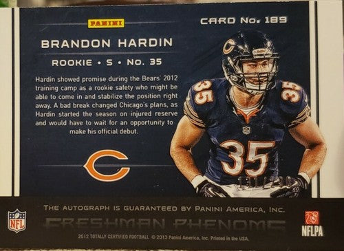 BRANDON HARDIN 2012 Panini Totally Certified Rookie AUTO SP #/290 Chicago Bears