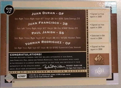 Paul JANISH Juan FRANCISCO DURAN RODRIGUEZ 2012 SP Signature Reds QUAD RC AUTO
