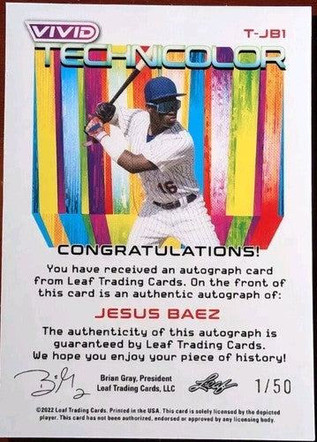 JESUS BAEZ 2022 Leaf Vivid Technicolor RC AUTO YELLOW SP #1/50 New York NY Mets
