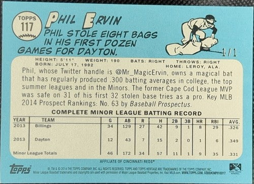 PHIL ERVIN 2014 Topps Heritage Minor League RC Blue SP #1/1 Reds Mariners One of