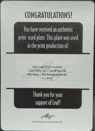 K. J. BRITT 2021 Leaf Draft XRC RC PRINTING PLATE SP #1/1 Buccaneers KJ One of