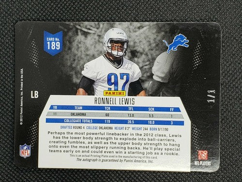 RONNELL LEWIS 2012 Panini Momentum RC DUAL AUTO PRINTING PLATE SP #1/1 Lions 189