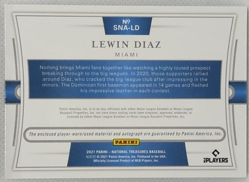 LEWIN DIAZ 2021 National Treasures Juntos Miami AUTO JUMBO JERSEY SP /99 Marlins