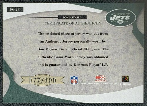 DON MAYNARD 2005 Leaf Certified Materials GAME USED WORN JERSEY Relic #/100 Jets