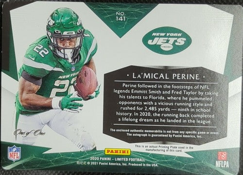 La'MICAL PERINE 2020 Panini Limited RC AUTO PATCH PRINTING PLATE 1/1 Jets One Of