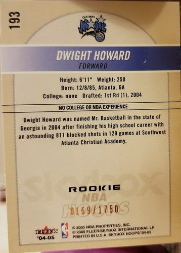 DWIGHT HOWARD 2004-05 Fleer NBA Hoops Rookie Card SP #/1750 2005 Orlando Magic