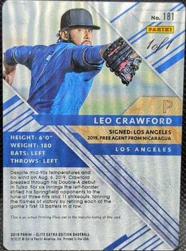 LEO CRAWFORD 2019 Panini Elite Extra Edition RC AUTO PRINTING PLATE #1/1 Dodgers