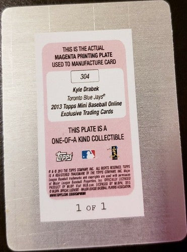 KYLE DRABEK 2013 Topps Mini Rookie Magenta PRINTING PLATE SP #1/1 of 1 Blue Jays