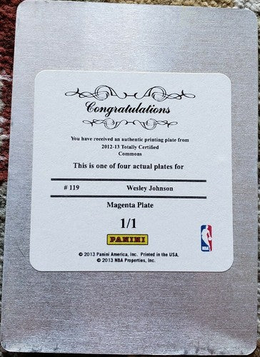 WESLEY JOHNSON 2012-13 Panini Totally Certified PRINTING PLATE #1/1 Wolves Suns