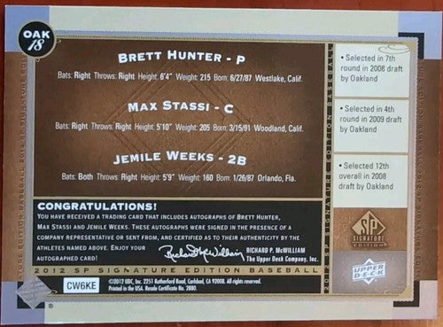 Max STASSI Jemile WEEKS Brett HUNTER 2012 SP Signature TRIPLE AUTO Oakland A's