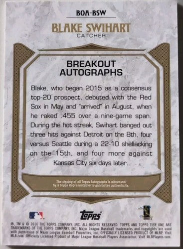 BLAKE SWIHART 2016 Topps Tier One Breakout SILVER INK AUTO #8/10 Red Sox D-Backs