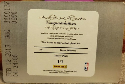 DERON WILLIAMS 2012-13 National Treasures PRINTING PLATE SP #1/1 of 1 Nets Jazz