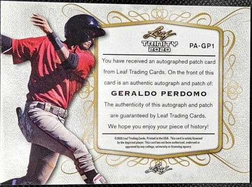 GERALDO PERDOMO 2020 Leaf Trinity DUAL AUTO Jersey BUTTON PATCH /10 Diamondbacks