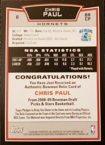 CHRIS PAUL 2008-09 Bowman Draft Picks & Stars Game Used Jersey 1/1 ERROR Hornets