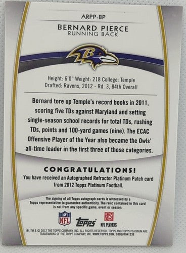 BERNARD PIERCE 2012 Topps Platinum Refractor DUAL RC AUTO JUMBO JERSEY PATCH #/5