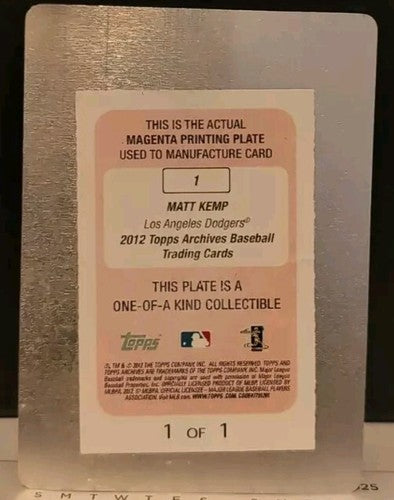 MATT KEMP 2012 Topps Archives PRINTING PLATE SP #1/1 of LA Dodgers Padres Braves
