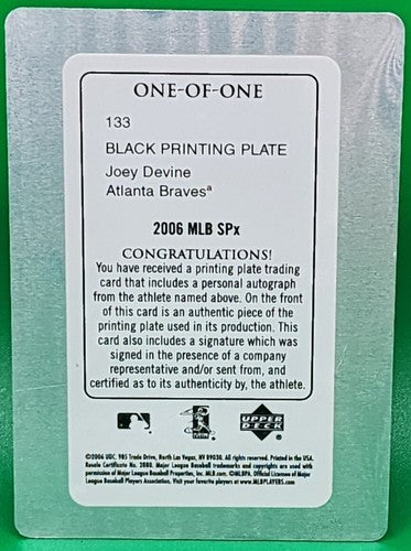 JOEY DEVINE 2006 Upper Deck MLB SPx RC AUTO PRINTING PLATE SP #1/1 A's Braves of