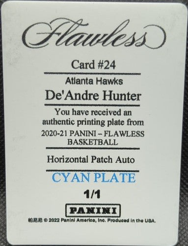 De'ANDRE HUNTER 2020-21 Panini Flawless Patch Auto PRINTING PLATE #1/1 Hawks of