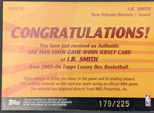 J. R. SMITH 2005-06 Topps Luxury Box Game Used Worn JERSEY Relic /225 JR Hornets