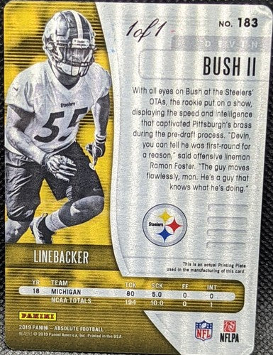DEVIN BUSH II 2019 Panini Absolute RC PRINTING PLATE SP #1/1 Steelers Jr. One of