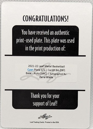 ZAIRE WADE 2021-22 Leaf Metal RC AUTO PRINTING PLATE SP #1/1 Jazz Dwyane BAL of