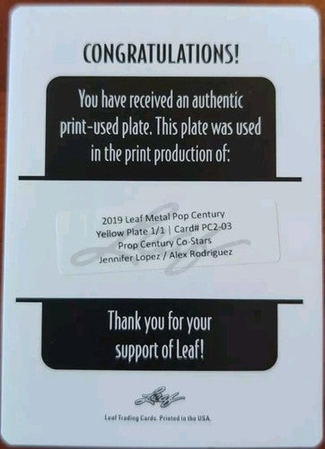 Alex RODRIGUEZ Jennifer LOPEZ 2019 Leaf Pop Century Co-Stars PRINTING PLATE 1/1