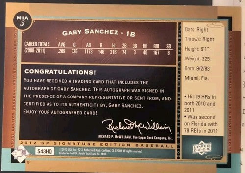 GABY SANCHEZ 2012 Upper Deck UD SP Signature Edition AUTO Florida Miami Marlins