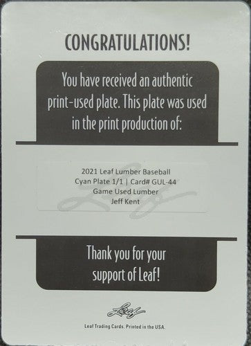 JEFF KENT 2021 Leaf Game Used Lumber PRINTING PLATE SP 1/1 Giants Dodgers One of