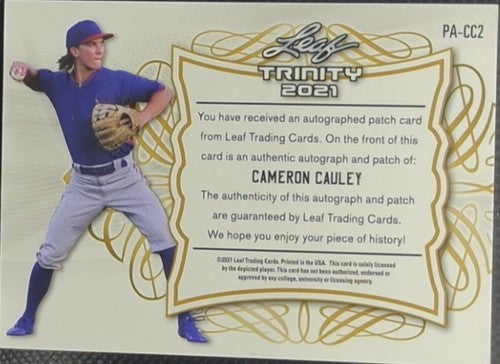 CAMERON CAULEY 2021 Leaf Trinity DUAL AUTO Jersey LAUNDRY TAG PATCH #/50 Rangers