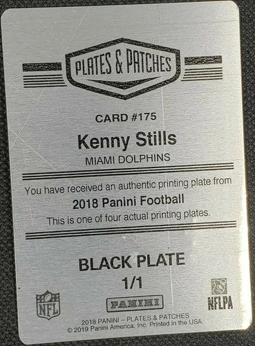 KENNY STILLS 2018 Panini Plates & Patches PRINTING PLATE SP #1/1 Dolphins One of