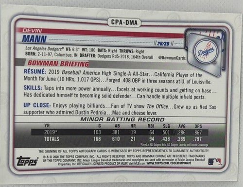 DEVIN MANN 2020 Topps Bowman Chrome Rookie Prospect RC AUTO SP LA Dodgers Royals