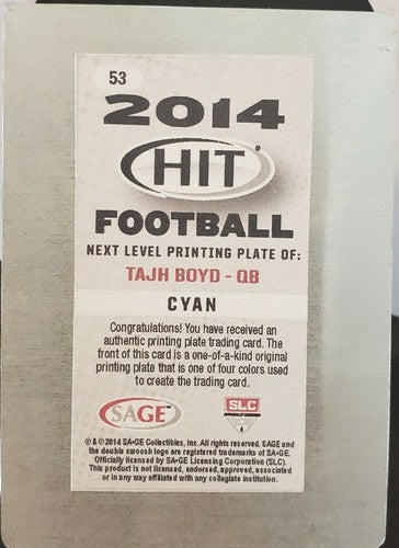 TAJH BOYD 2014 SAGE HIT Next Level Rookie PRINTING PLATE #1/1 of 1 New York Jets