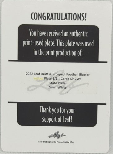 ZAMIR WHITE 2022 Leaf Draft & Prospects Blaster RC PRINTING PLATE SP 1/1 Raiders