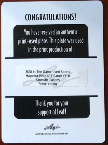 STEVE YOUNG 2018 In The Game Used Sports Fantastic Fabrics PRINTING PLATE SP 1/1