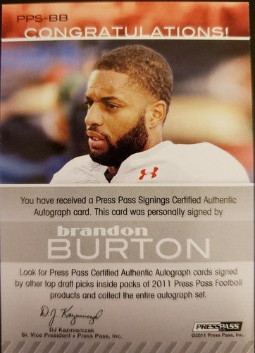 BRANDON BURTON 2011 Press Pass Rookie Nickname AUTO Autograph Inscription RC SP