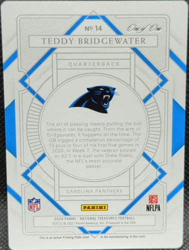 TEDDY BRIDGEWATER 2020 Panini National Treasures PRINTING PLATE #1/1 Panthers of