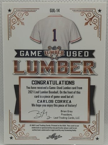 CARLOS CORREA 2021 Leaf Lumber JUMBO Game Used Bat Relic Patch SILVER 6/6 Astros