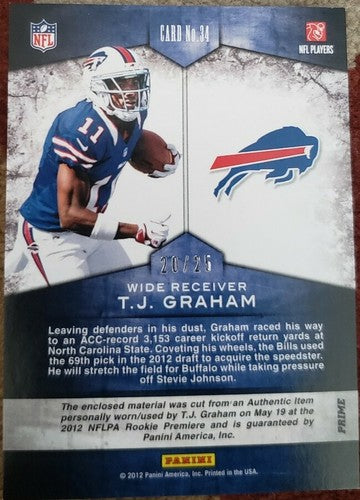 T.J. GRAHAM 2012 Momentum Rookie Team Threads Triple Prime Bills Jersey PATCH 25