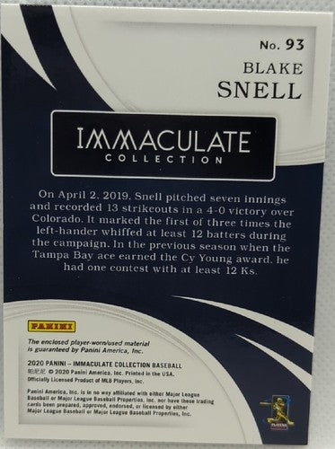 BLAKE SNELL 2020 Panini Immaculate Game Worn Used Jersey PATCH #/25 Rays Padres
