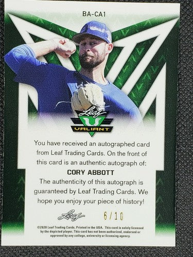 CORY ABBOTT 2020 Leaf Valiant XRC Yellow GOLD Prospect Rookie AUTO #/10 Cubs RC