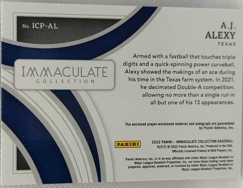 A.J. ALEXY 2022 Panini Immaculate DUAL AUTO HAT BUTTON HOLE PATCH 1/6 Rangers AJ