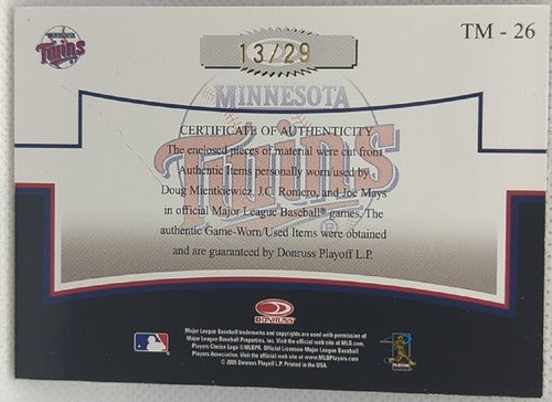 Doug MIENTKIEWICZ Joe MAYS J.C. ROMERO 2005 Prime Patches TRIPLE Name Plate #/29