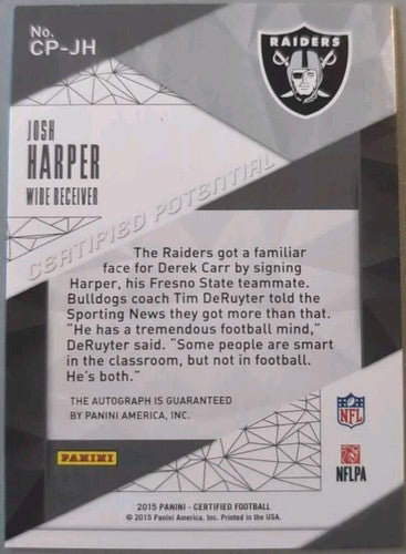 JOSH HARPER 2015 Panini Certified Potential RC AUTO Mirror Silver #/150 Raiders