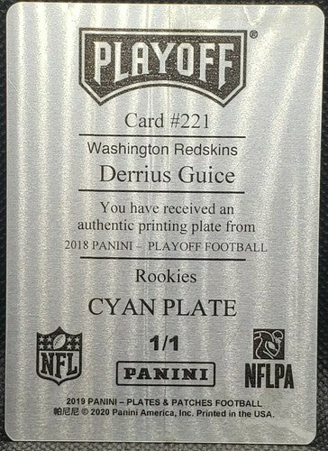 DERRIUS GUICE 2018 Panini Playoff RC PRINTING PLATE SP #1/1 2019 Patches One of