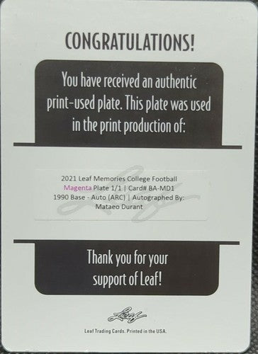 MATAEO DURANT 2021 Leaf Memories RC 1990 AUTO PRINTING PLATE SP #1/1 Steelers of
