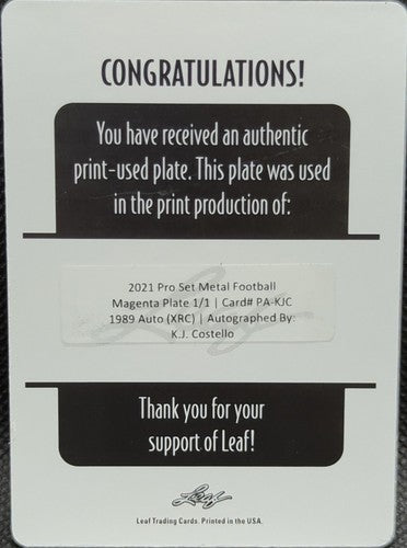 K. J. COSTELLO 2021 Leaf Pro Set Metal RC AUTO PRINTING PLATE SP 1/1 Chargers KJ