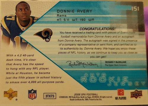 DONNIE AVERY 2008 Upper Deck SPX Rookie Triple Jersey AUTO Autograph #/599 Rams